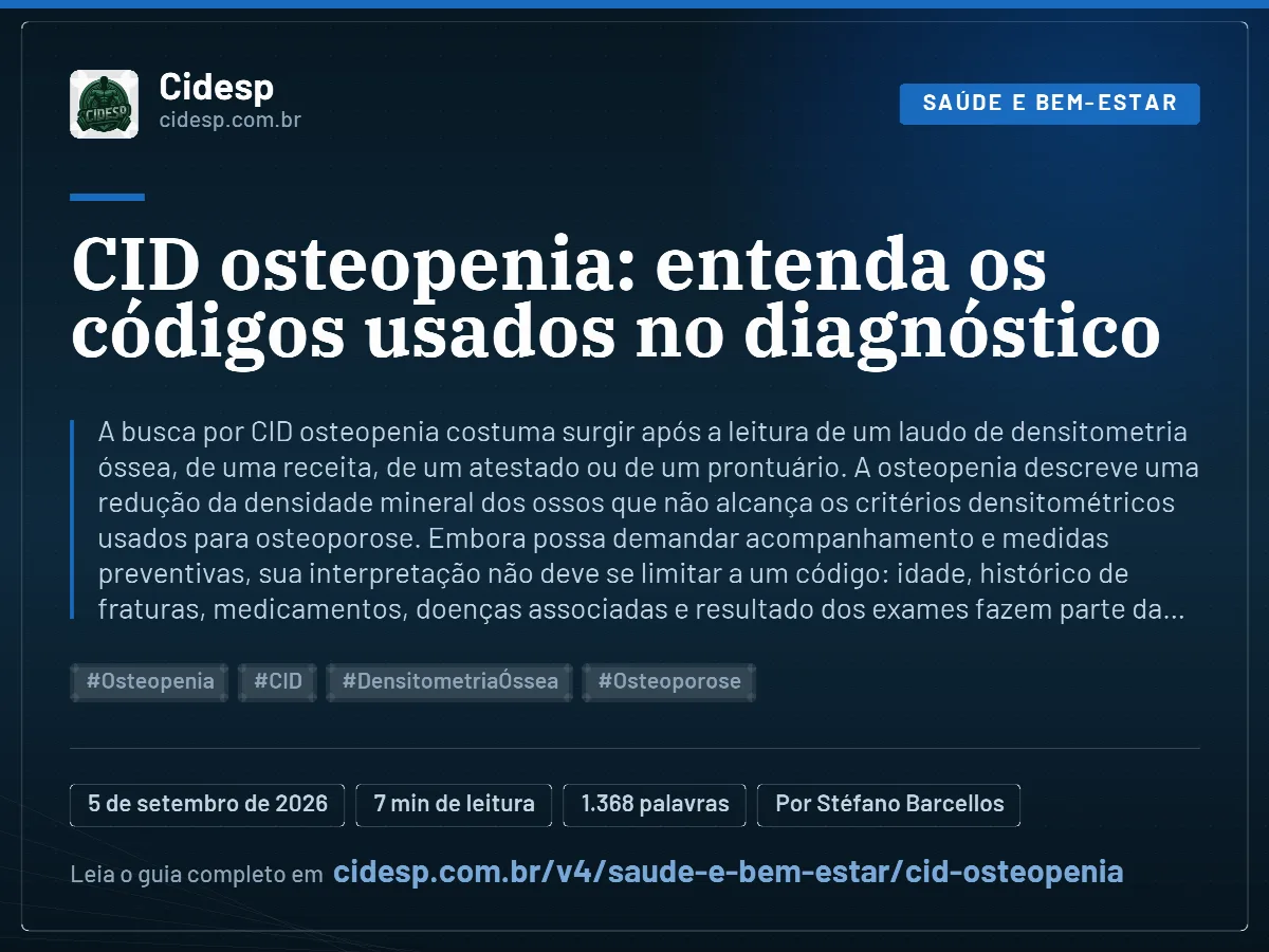 Cartão do artigo “CID osteopenia: entenda os códigos usados no diagnóstico”, com resumo, data de publicação e endereço da página.