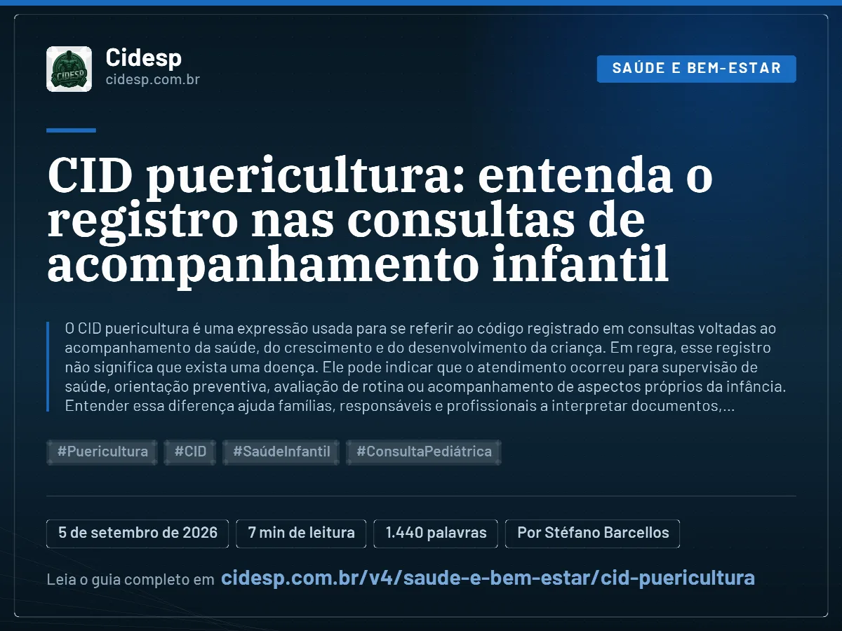 Cartão do artigo “CID puericultura: entenda o registro nas consultas de acompanhamento infantil”, com resumo, data de publicação e endereço da página.