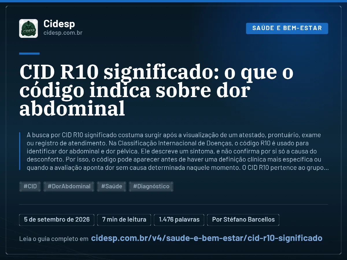 Cartão do artigo “CID R10 significado: o que o código indica sobre dor abdominal”, com resumo, data de publicação e endereço da página.