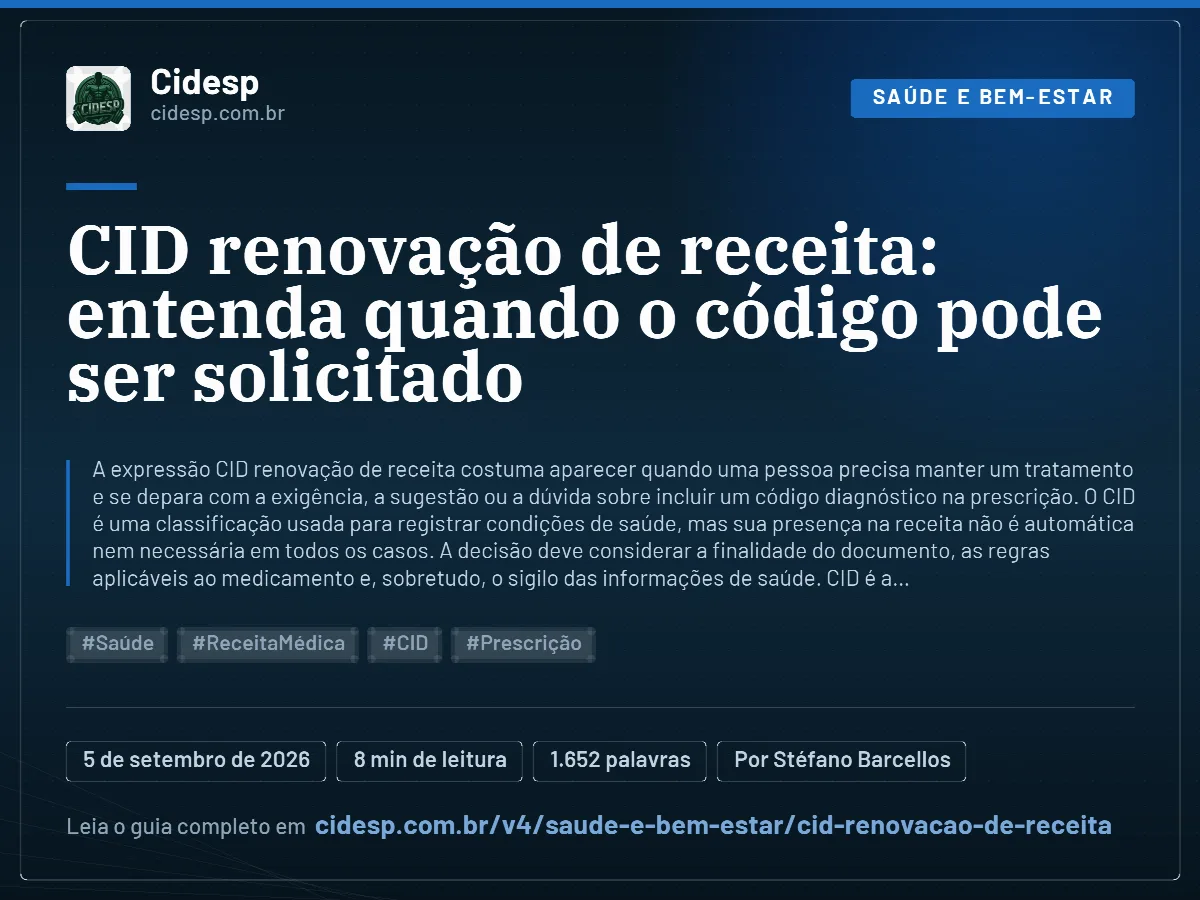 Cartão do artigo “CID renovação de receita: entenda quando o código pode ser solicitado”, com resumo, data de publicação e endereço da página.