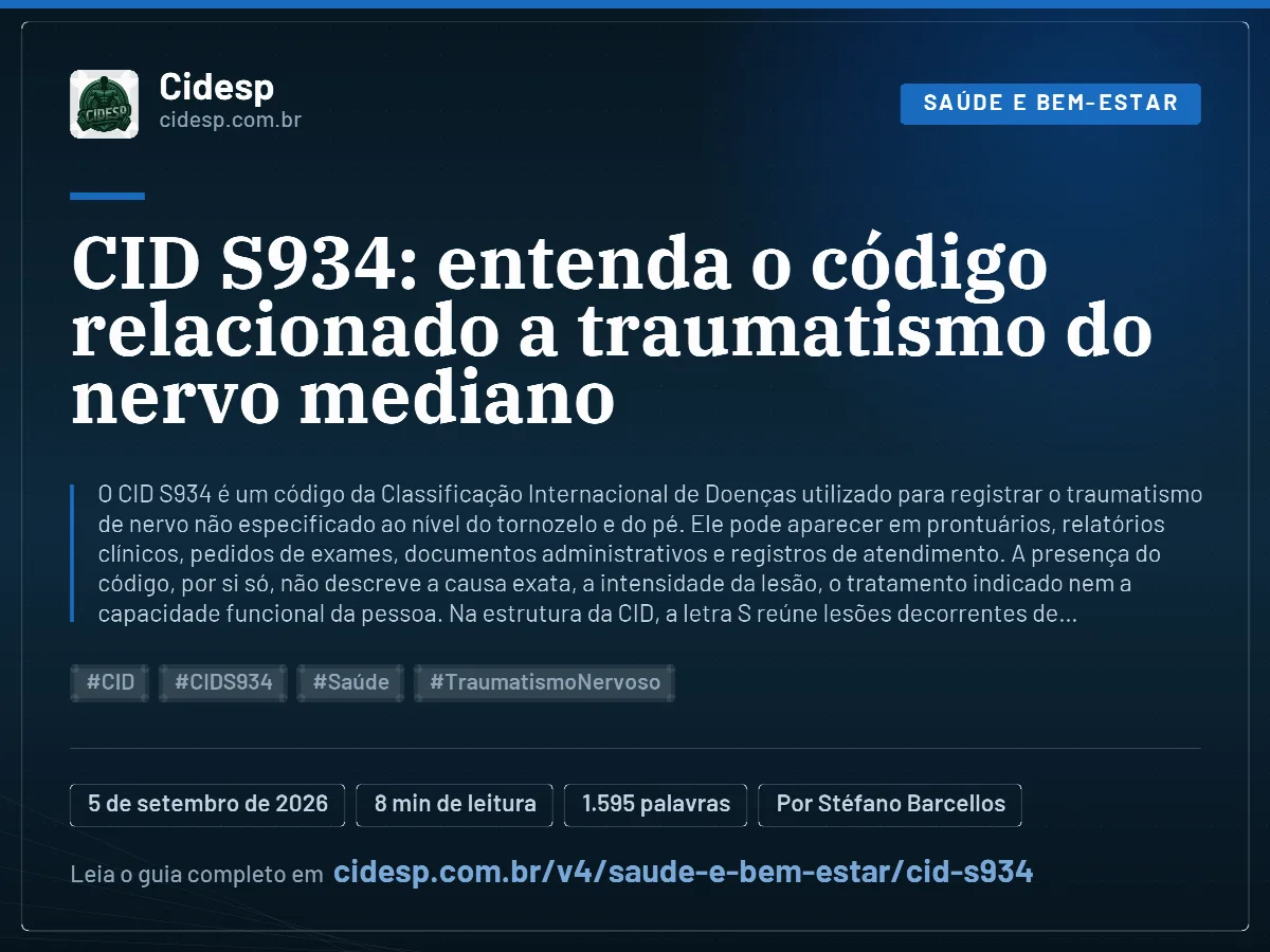 Cartão do artigo “CID S934: entenda o código relacionado a traumatismo do nervo mediano”, com resumo, data de publicação e endereço da página.
