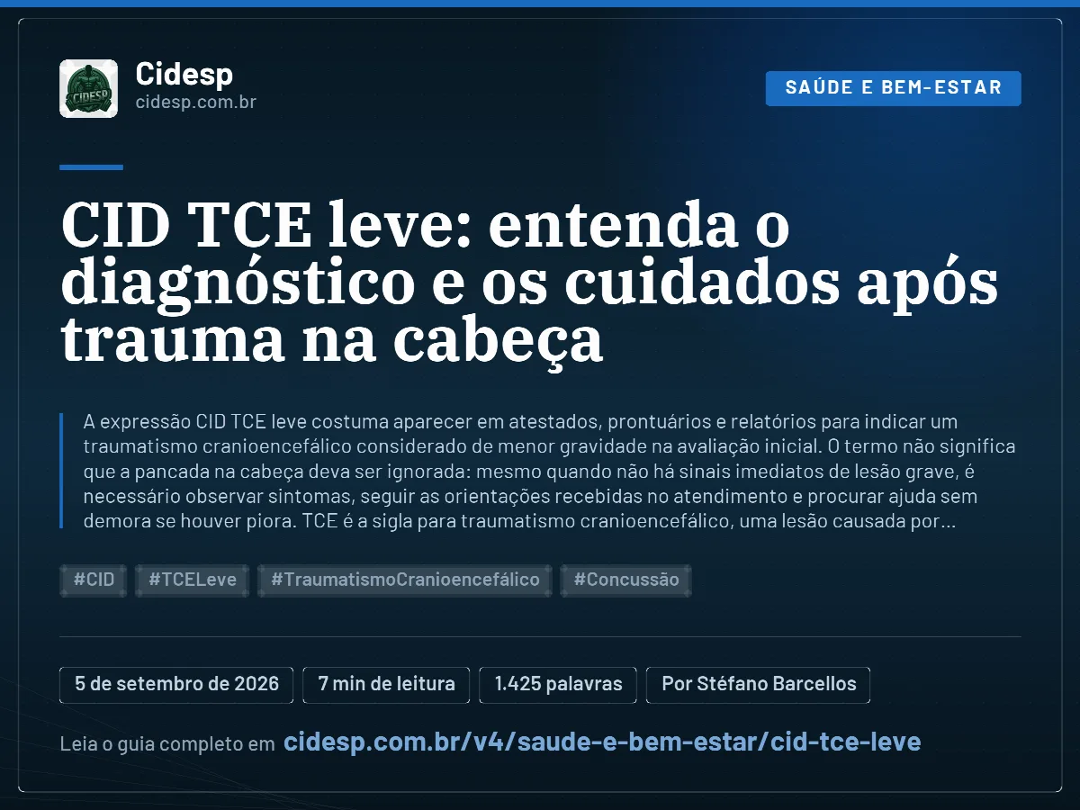 Cartão do artigo “CID TCE leve: entenda o diagnóstico e os cuidados após trauma na cabeça”, com resumo, data de publicação e endereço da página.
