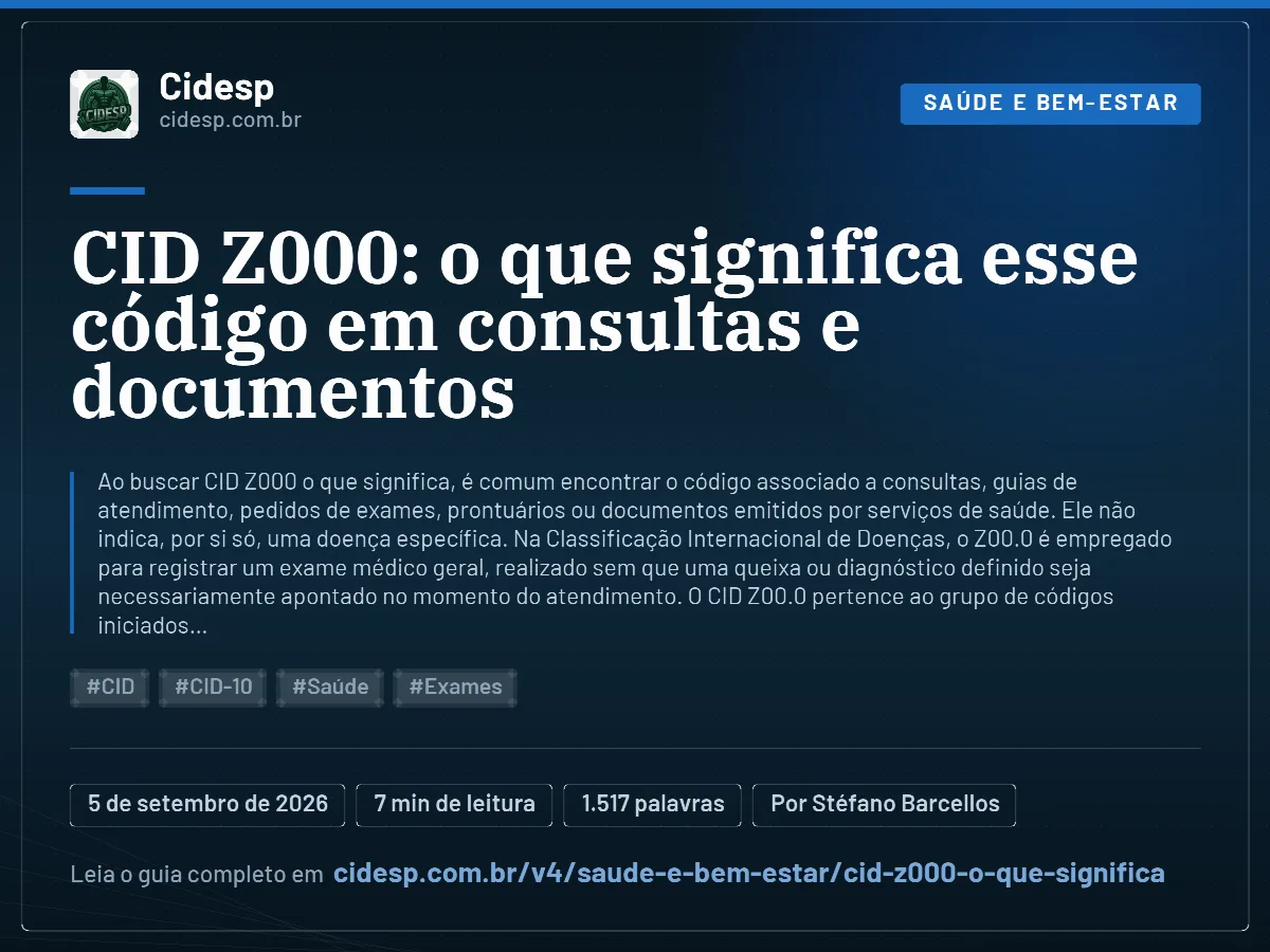 Cartão do artigo “CID Z000: o que significa esse código em consultas e documentos”, com resumo, data de publicação e endereço da página.