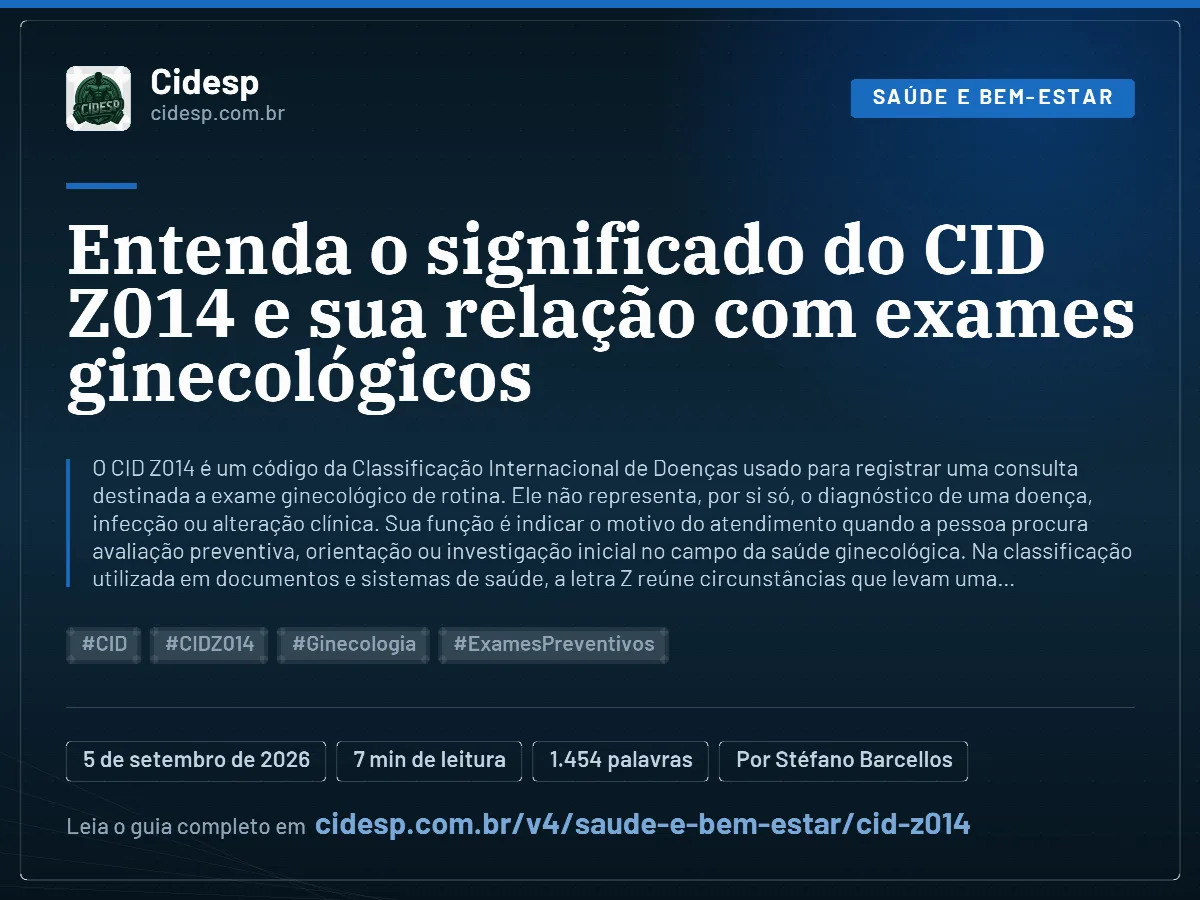 Cartão do artigo “Entenda o significado do CID Z014 e sua relação com exames ginecológicos”, com resumo, data de publicação e endereço da página.