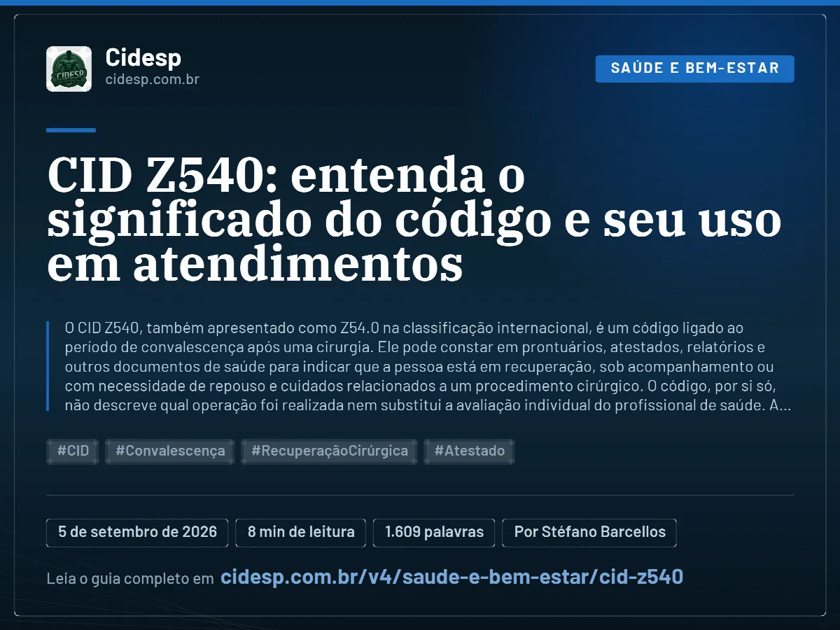 Cartão do artigo “CID Z540: entenda o significado do código e seu uso em atendimentos”, com resumo, data de publicação e endereço da página.