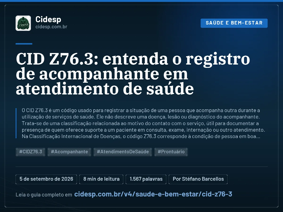 Cartão do artigo “CID Z76.3: entenda o registro de acompanhante em atendimento de saúde”, com resumo, data de publicação e endereço da página.
