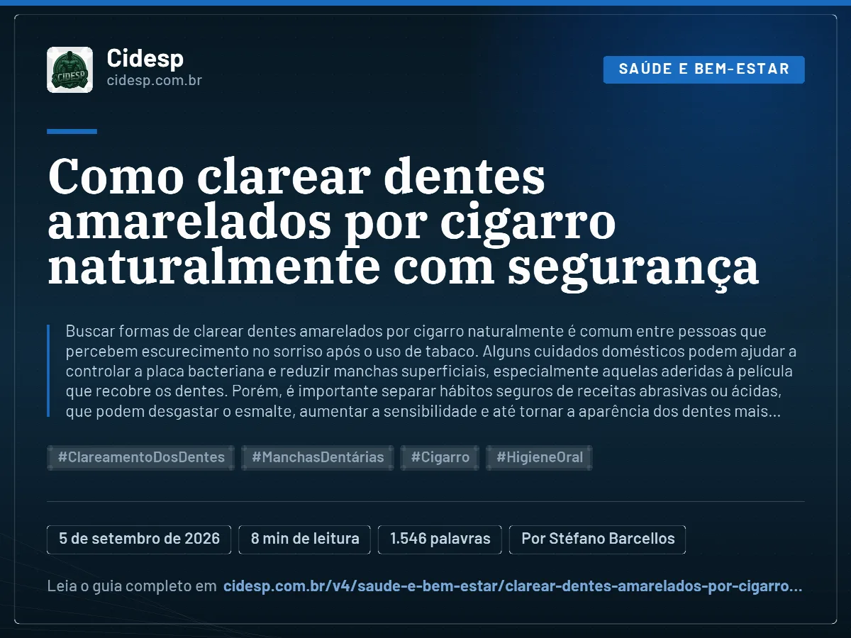 Cartão do artigo “Como clarear dentes amarelados por cigarro naturalmente com segurança”, com resumo, data de publicação e endereço da página.