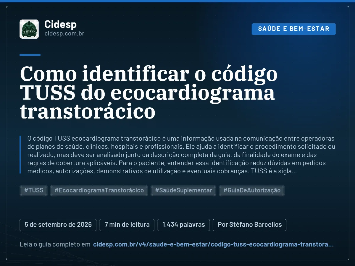 Cartão do artigo “Como identificar o código TUSS do ecocardiograma transtorácico”, com resumo, data de publicação e endereço da página.