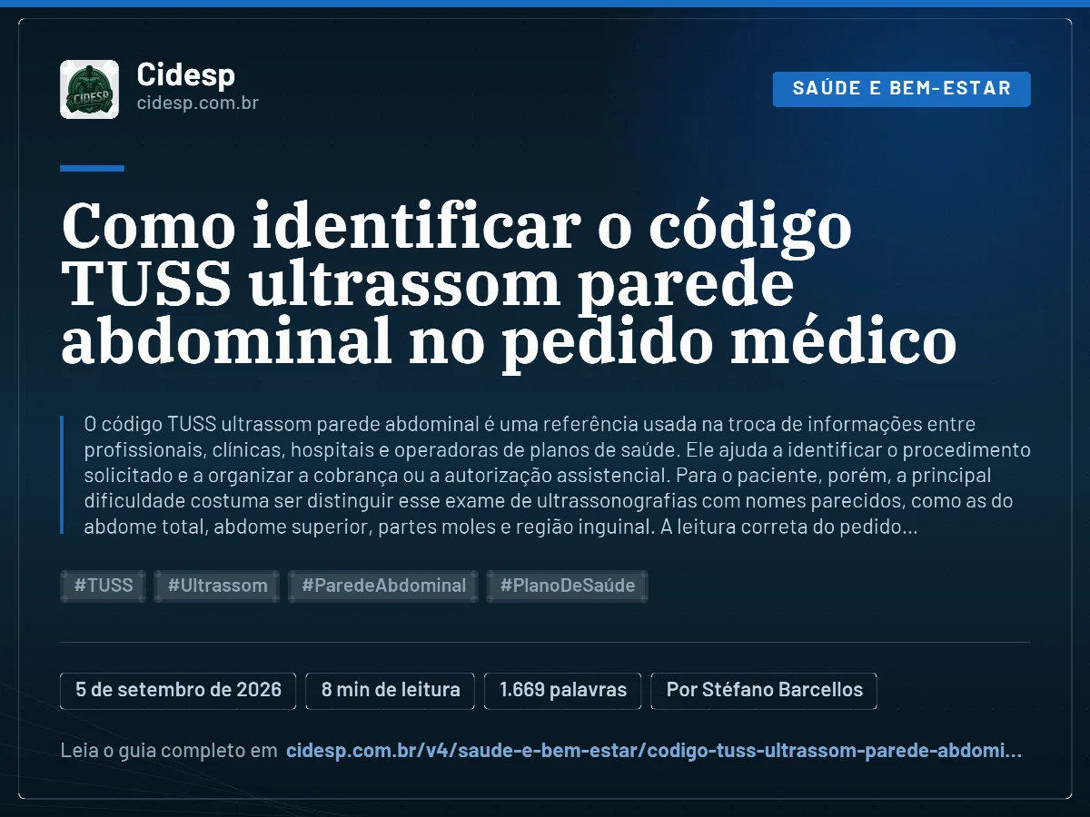 Cartão do artigo “Como identificar o código TUSS ultrassom parede abdominal no pedido médico”, com resumo, data de publicação e endereço da página.
