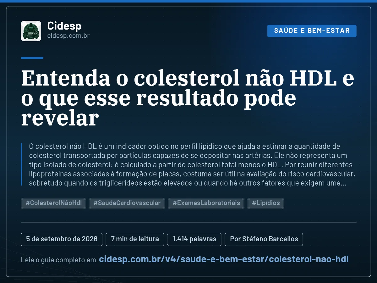 Cartão do artigo “Entenda o colesterol não HDL e o que esse resultado pode revelar”, com resumo, data de publicação e endereço da página.