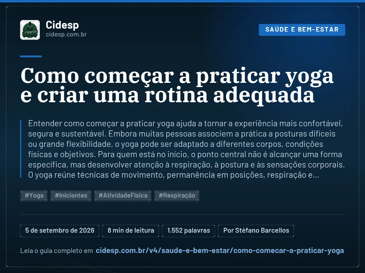Cartão do artigo “Como começar a praticar yoga e criar uma rotina adequada”, com resumo, data de publicação e endereço da página.