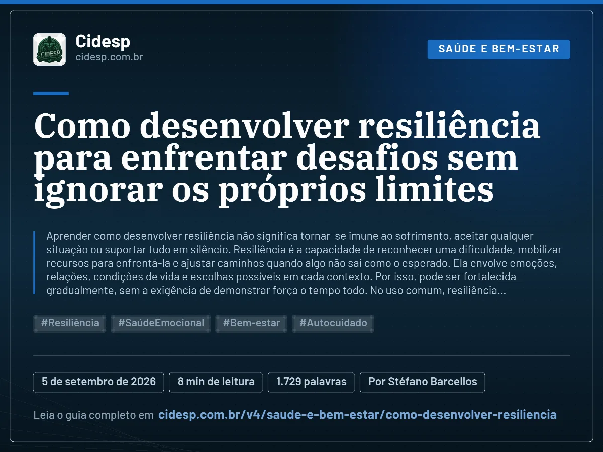 Cartão do artigo “Como desenvolver resiliência para enfrentar desafios sem ignorar os próprios limites”, com resumo, data de publicação e endereço da página.