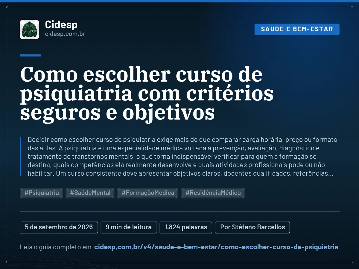 Cartão do artigo “Como escolher curso de psiquiatria com critérios seguros e objetivos”, com resumo, data de publicação e endereço da página.