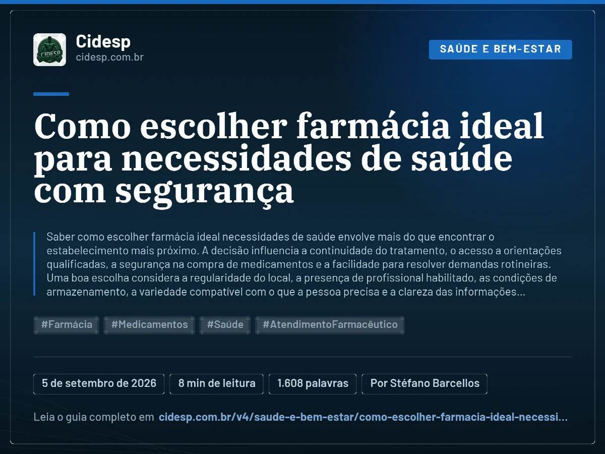 Cartão do artigo “Como escolher farmácia ideal para necessidades de saúde com segurança”, com resumo, data de publicação e endereço da página.