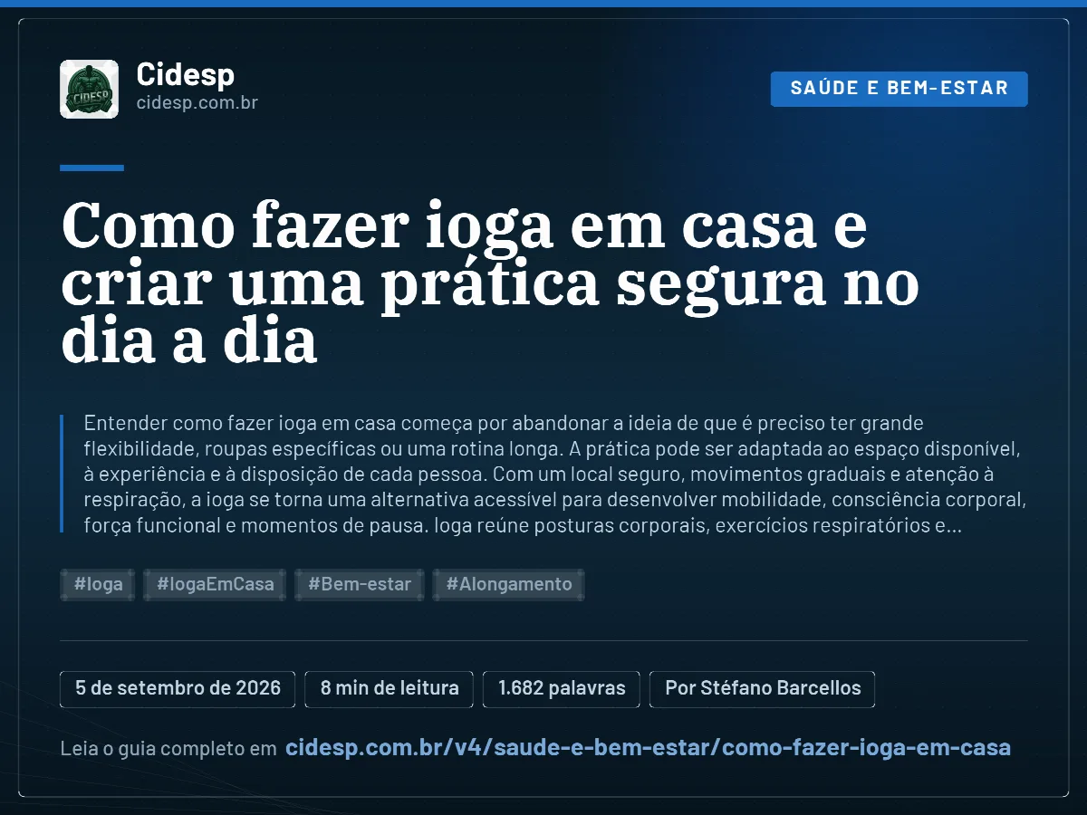 Cartão do artigo “Como fazer ioga em casa e criar uma prática segura no dia a dia”, com resumo, data de publicação e endereço da página.
