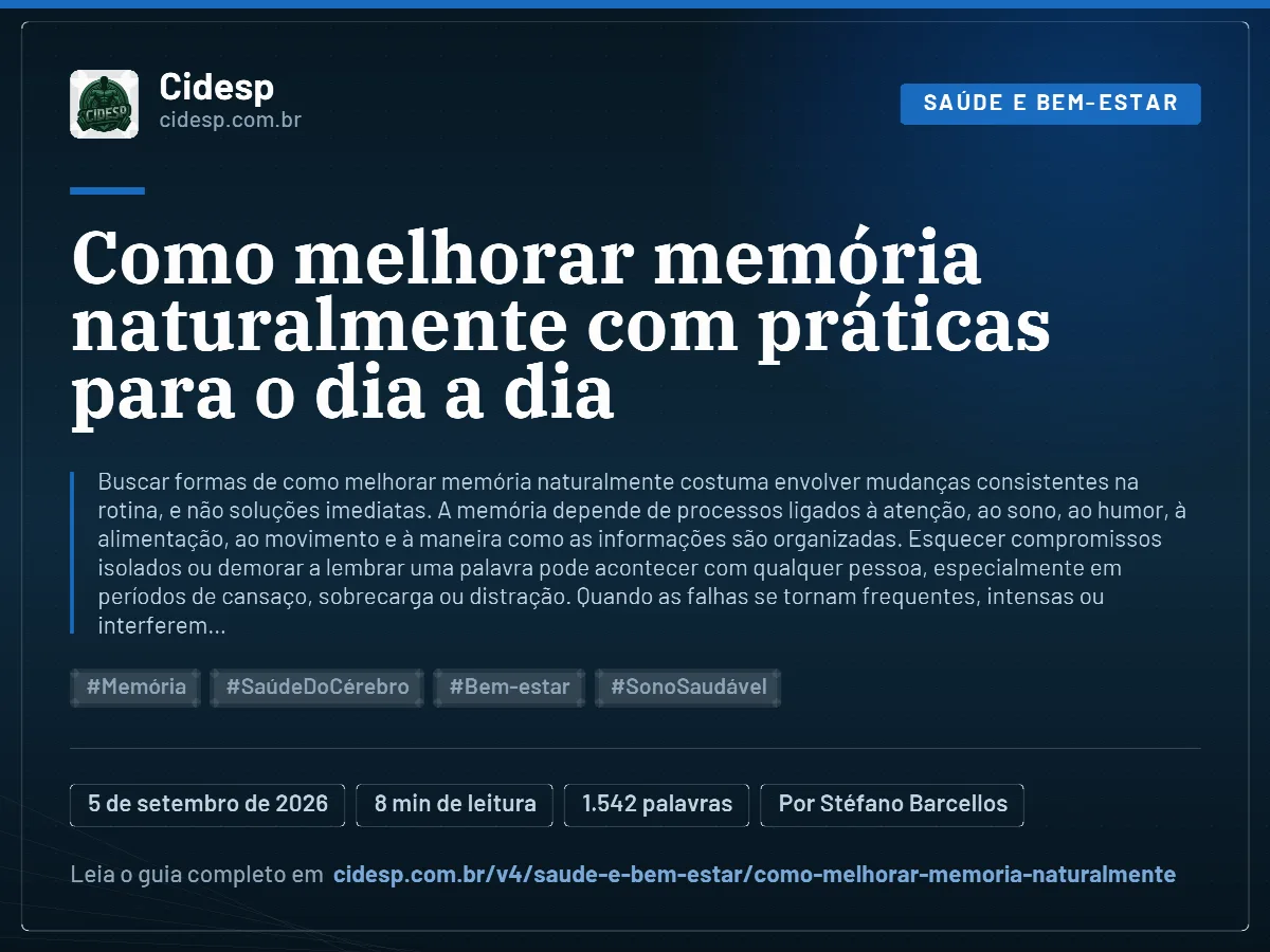 Cartão do artigo “Como melhorar memória naturalmente com práticas para o dia a dia”, com resumo, data de publicação e endereço da página.