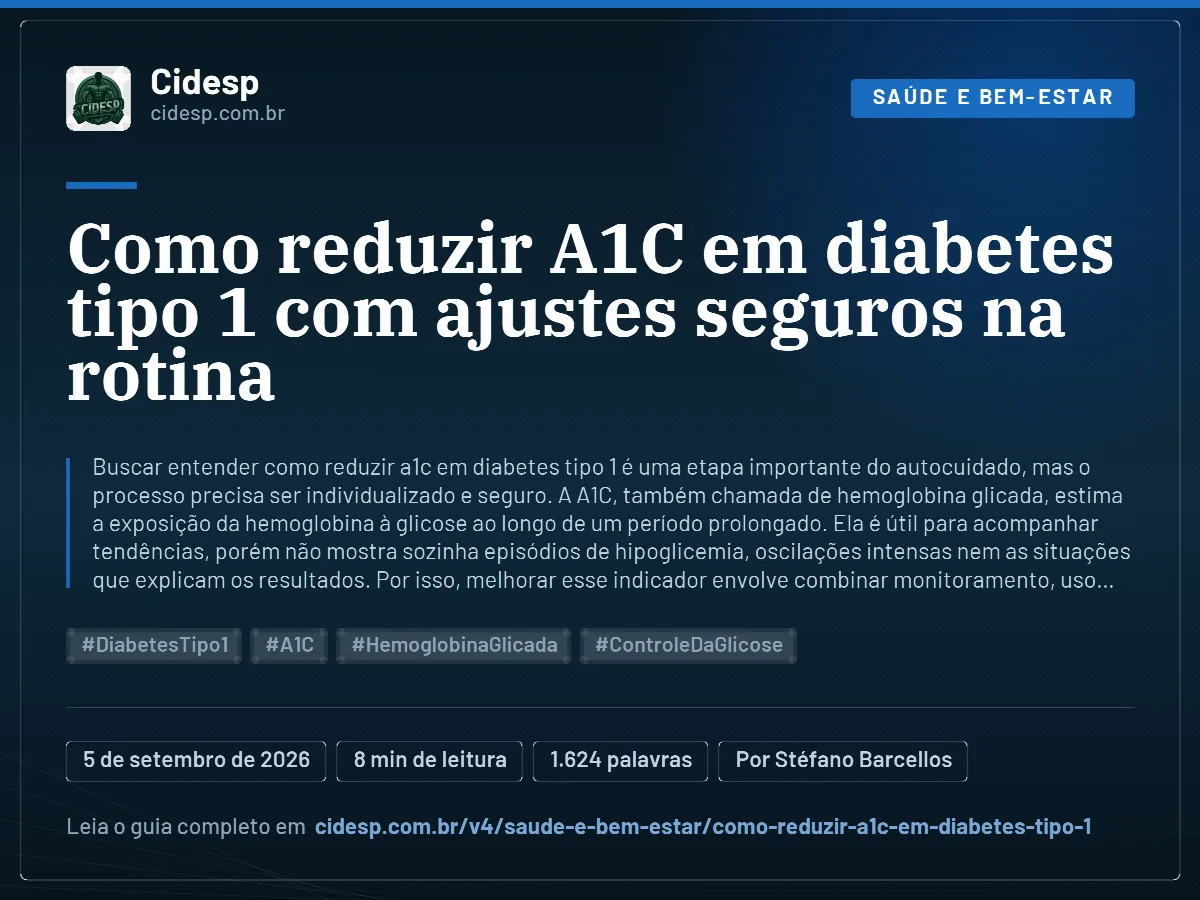 Cartão do artigo “Como reduzir A1C em diabetes tipo 1 com ajustes seguros na rotina”, com resumo, data de publicação e endereço da página.