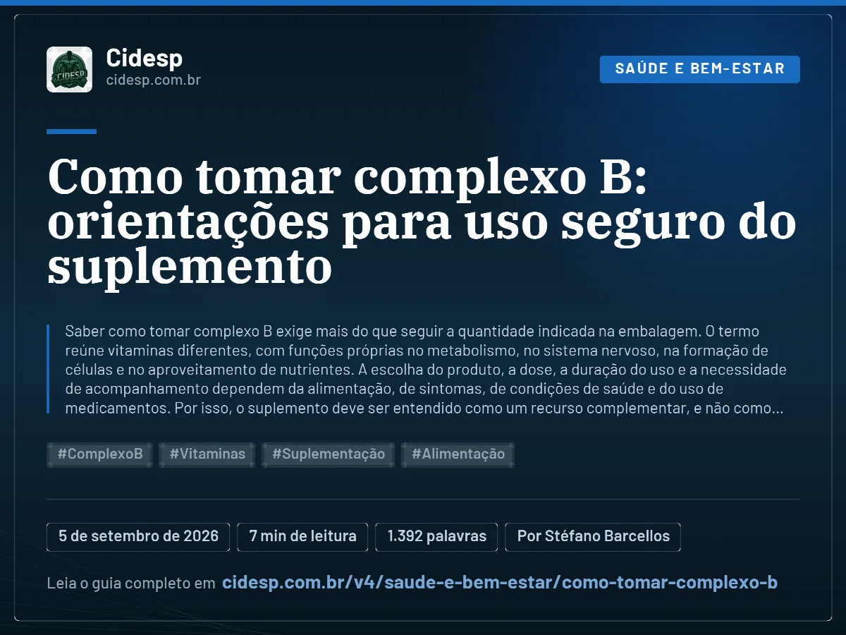 Cartão do artigo “Como tomar complexo B: orientações para uso seguro do suplemento”, com resumo, data de publicação e endereço da página.