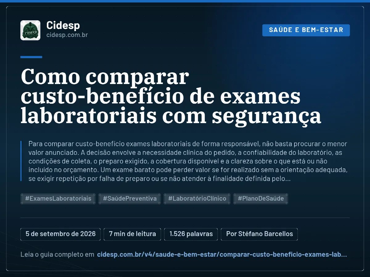 Cartão do artigo “Como comparar custo-benefício de exames laboratoriais com segurança”, com resumo, data de publicação e endereço da página.