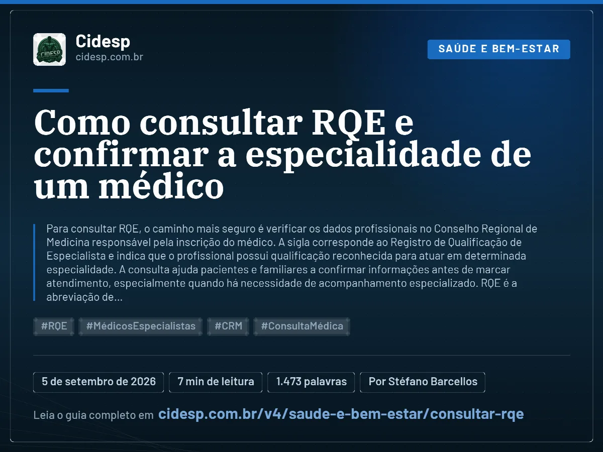 Cartão do artigo “Como consultar RQE e confirmar a especialidade de um médico”, com resumo, data de publicação e endereço da página.