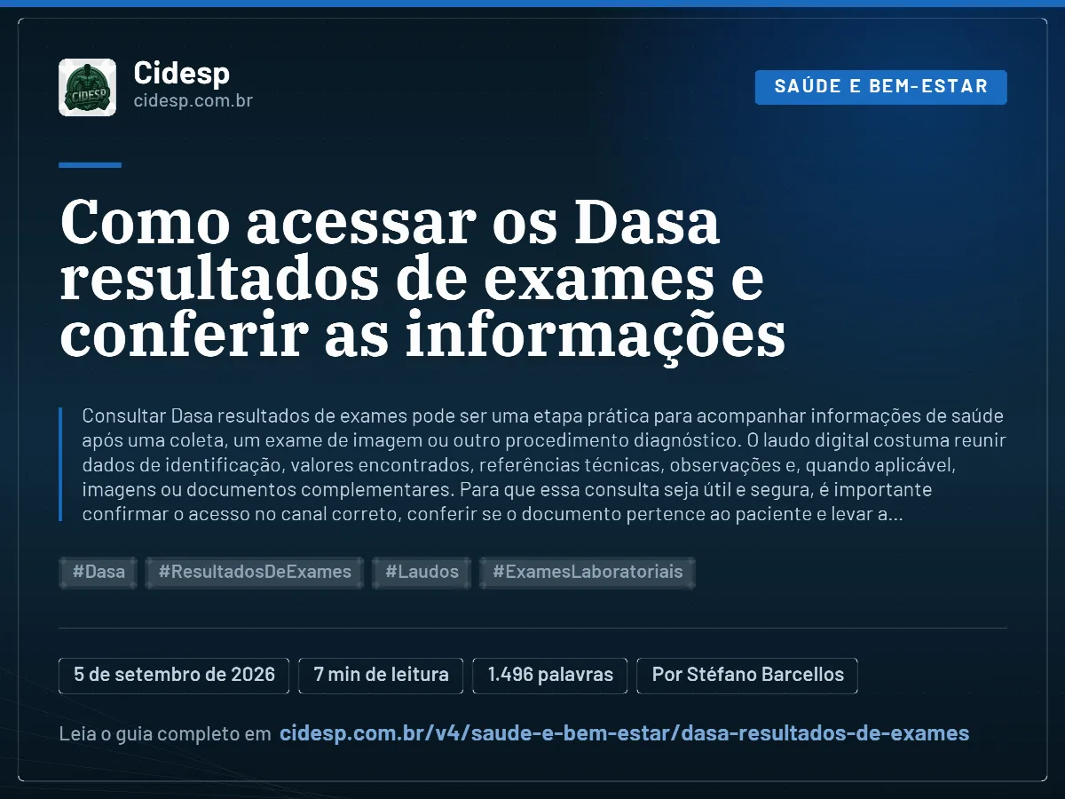 Cartão do artigo “Como acessar os Dasa resultados de exames e conferir as informações”, com resumo, data de publicação e endereço da página.