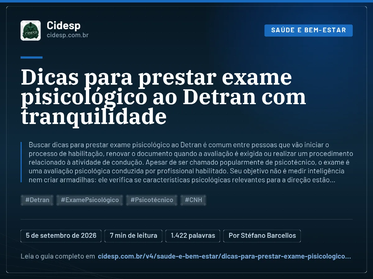 Cartão do artigo “Dicas para prestar exame pisicológico ao Detran com tranquilidade”, com resumo, data de publicação e endereço da página.