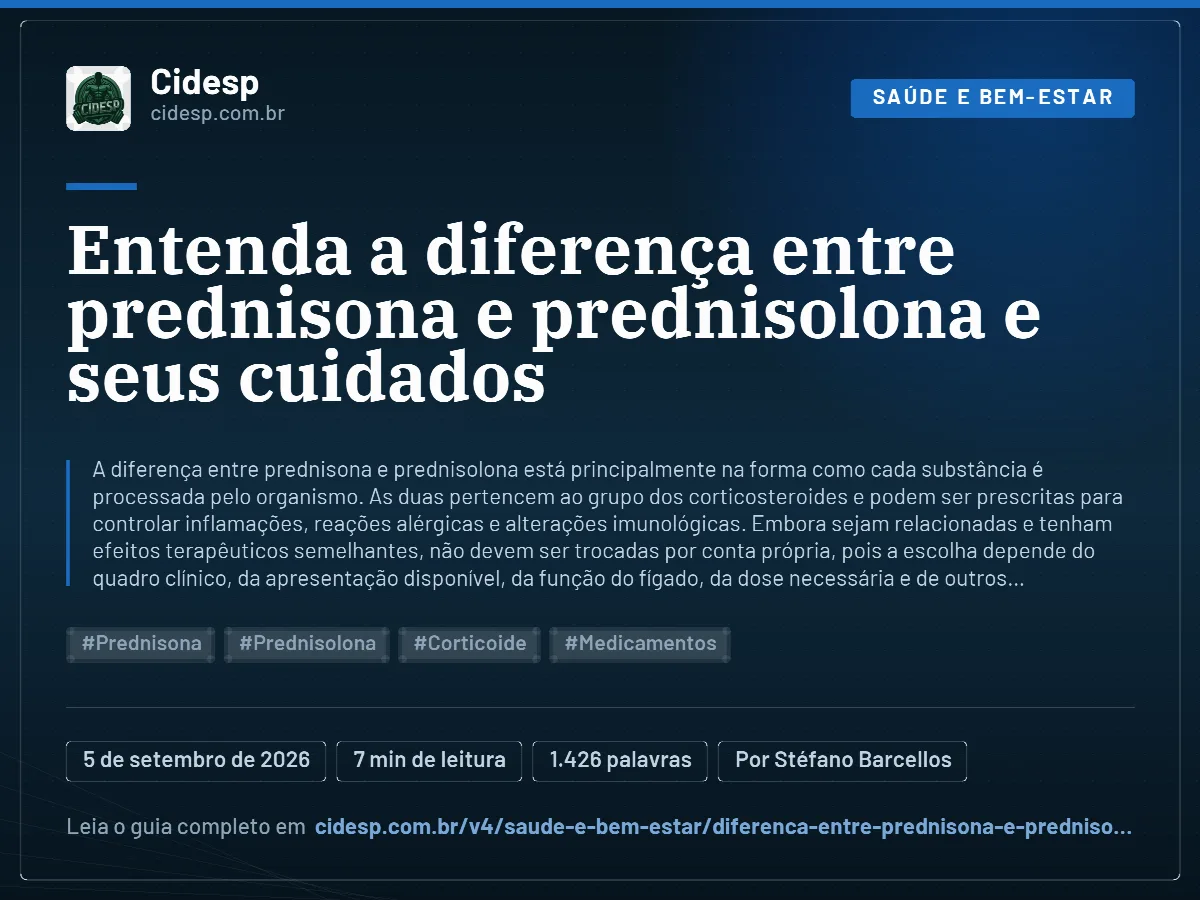 Cartão do artigo “Entenda a diferença entre prednisona e prednisolona e seus cuidados”, com resumo, data de publicação e endereço da página.