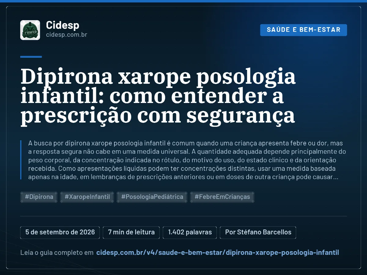 Cartão do artigo “Dipirona xarope posologia infantil: como entender a prescrição com segurança”, com resumo, data de publicação e endereço da página.