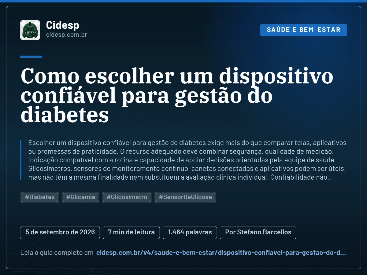 Cartão do artigo “Como escolher um dispositivo confiável para gestão do diabetes”, com resumo, data de publicação e endereço da página.