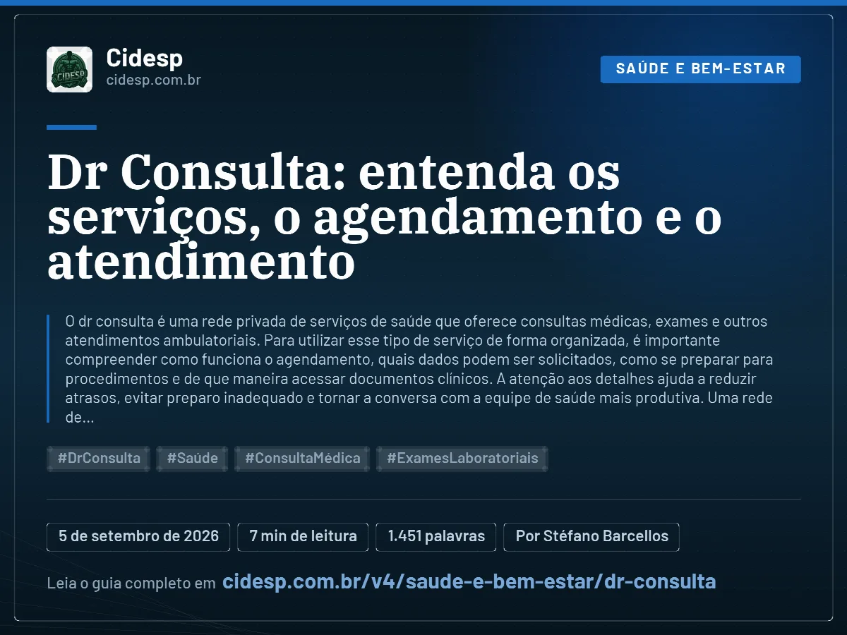 Cartão do artigo “Dr Consulta: entenda os serviços, o agendamento e o atendimento”, com resumo, data de publicação e endereço da página.