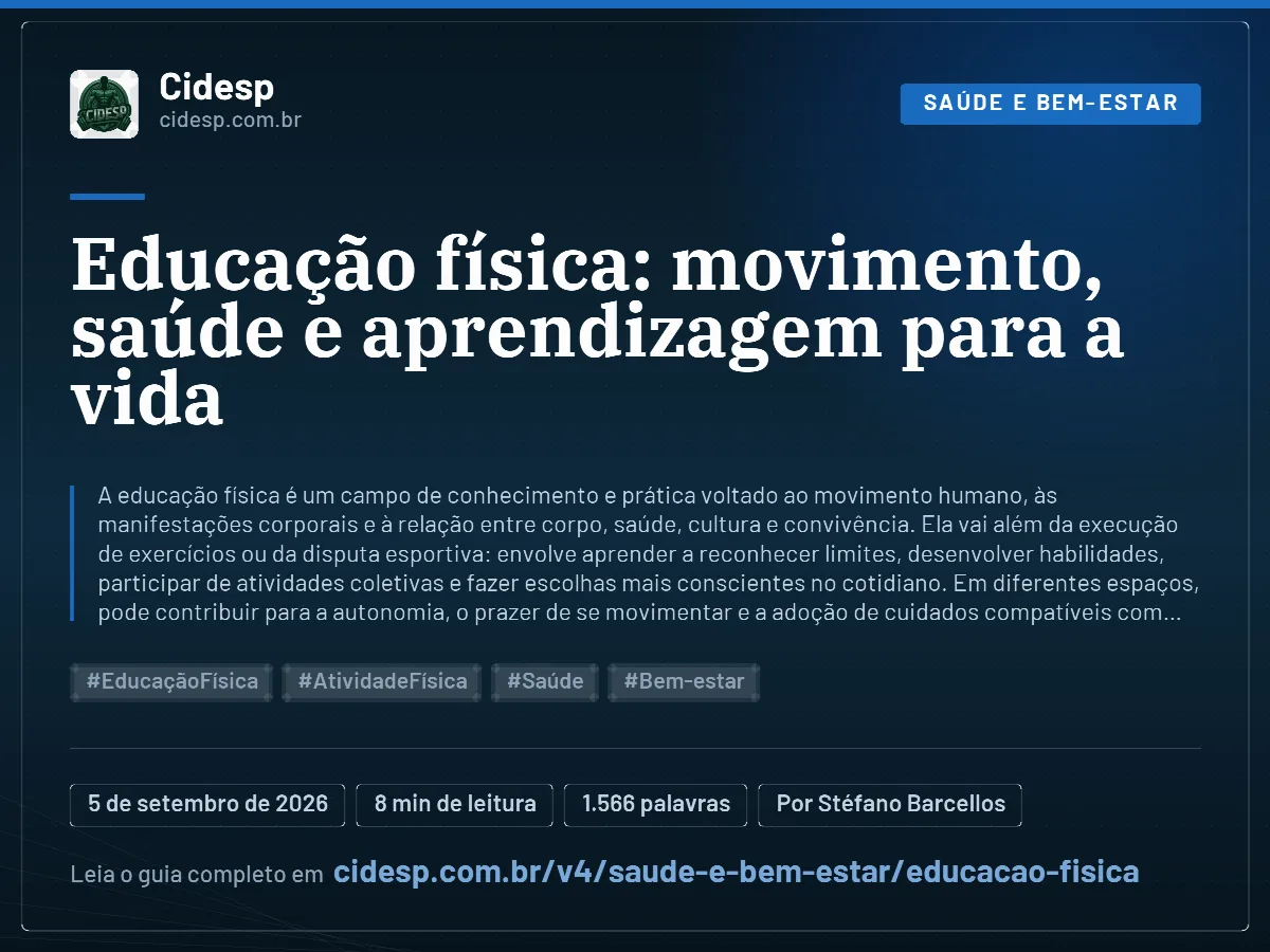 Cartão do artigo “Educação física: movimento, saúde e aprendizagem para a vida”, com resumo, data de publicação e endereço da página.