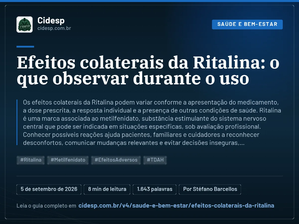 Cartão do artigo “Efeitos colaterais da Ritalina: o que observar durante o uso”, com resumo, data de publicação e endereço da página.