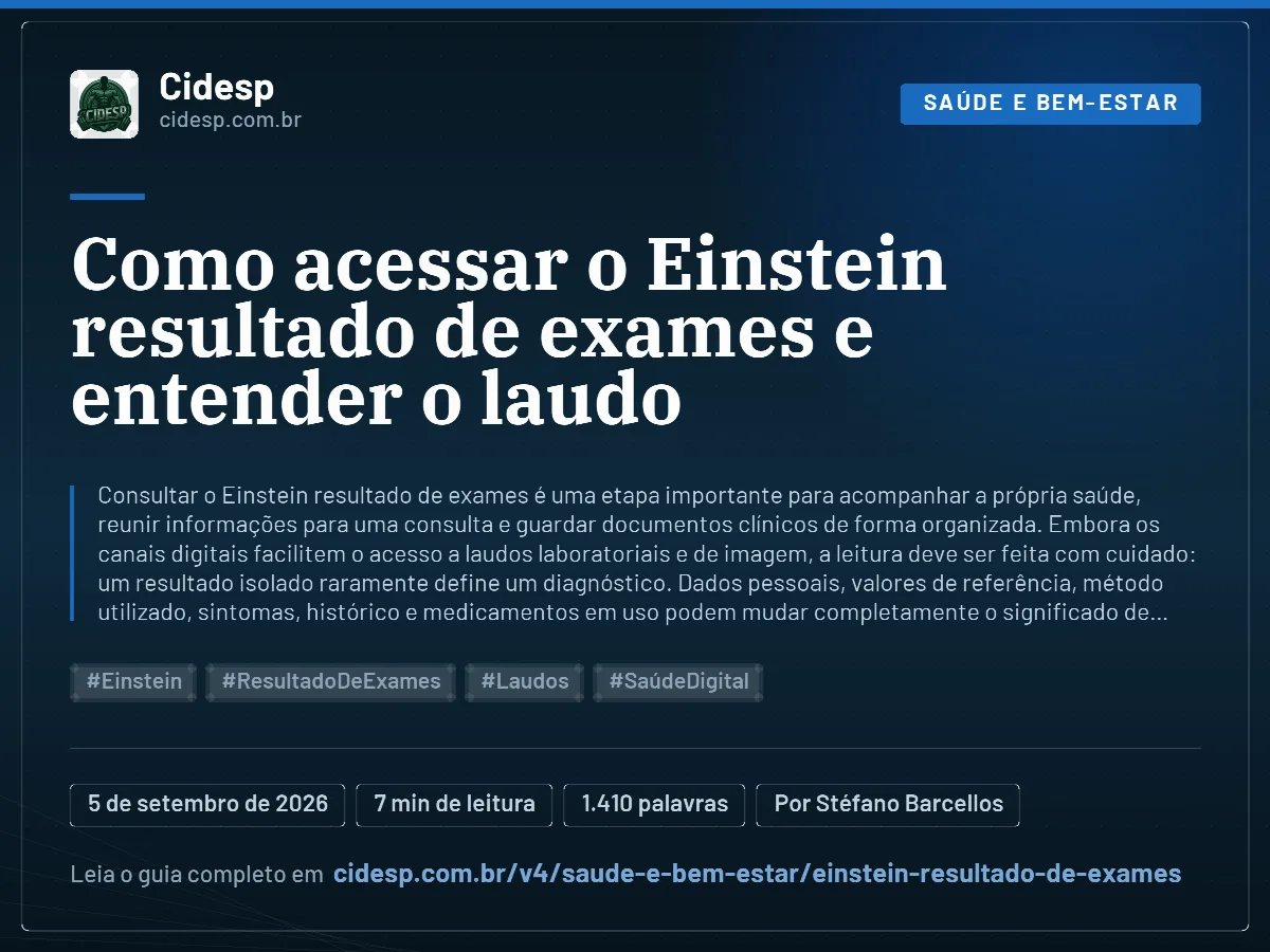 Cartão do artigo “Como acessar o Einstein resultado de exames e entender o laudo”, com resumo, data de publicação e endereço da página.