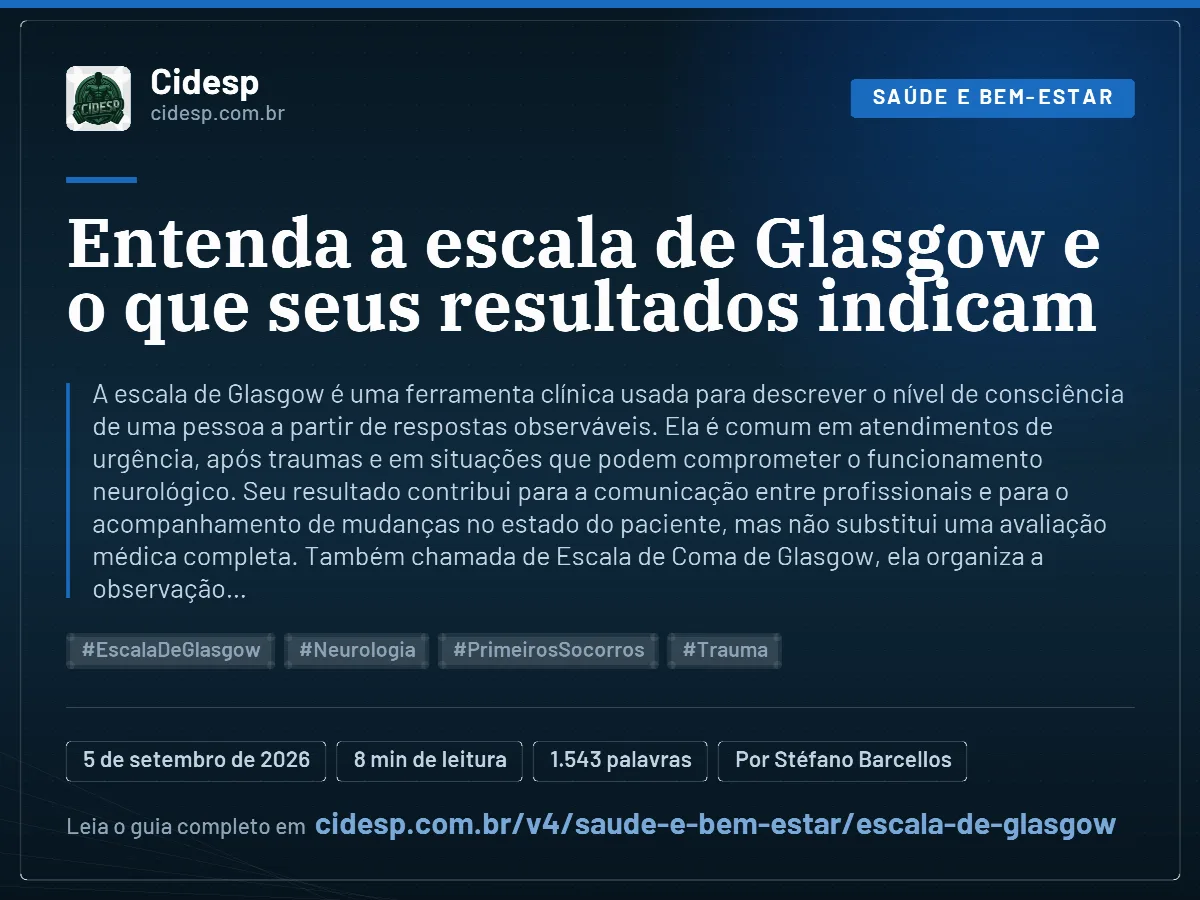 Cartão do artigo “Entenda a escala de Glasgow e o que seus resultados indicam”, com resumo, data de publicação e endereço da página.