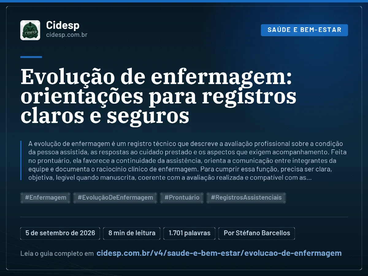 Cartão do artigo “Evolução de enfermagem: orientações para registros claros e seguros”, com resumo, data de publicação e endereço da página.