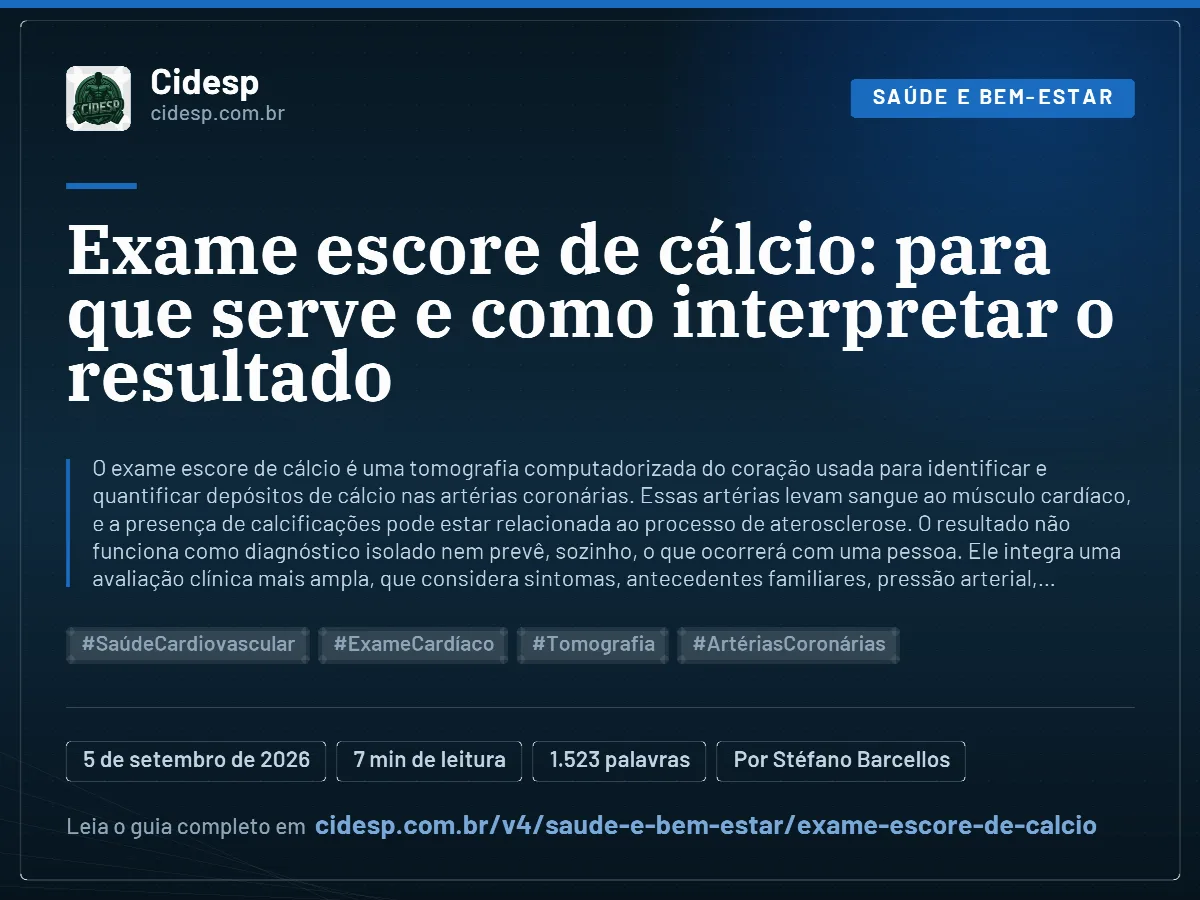 Cartão do artigo “Exame escore de cálcio: para que serve e como interpretar o resultado”, com resumo, data de publicação e endereço da página.