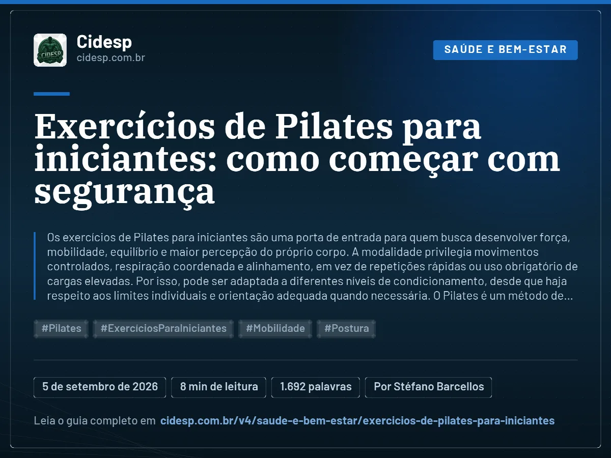 Cartão do artigo “Exercícios de Pilates para iniciantes: como começar com segurança”, com resumo, data de publicação e endereço da página.