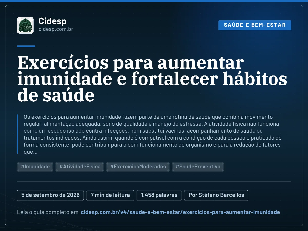 Cartão do artigo “Exercícios para aumentar imunidade e fortalecer hábitos de saúde”, com resumo, data de publicação e endereço da página.