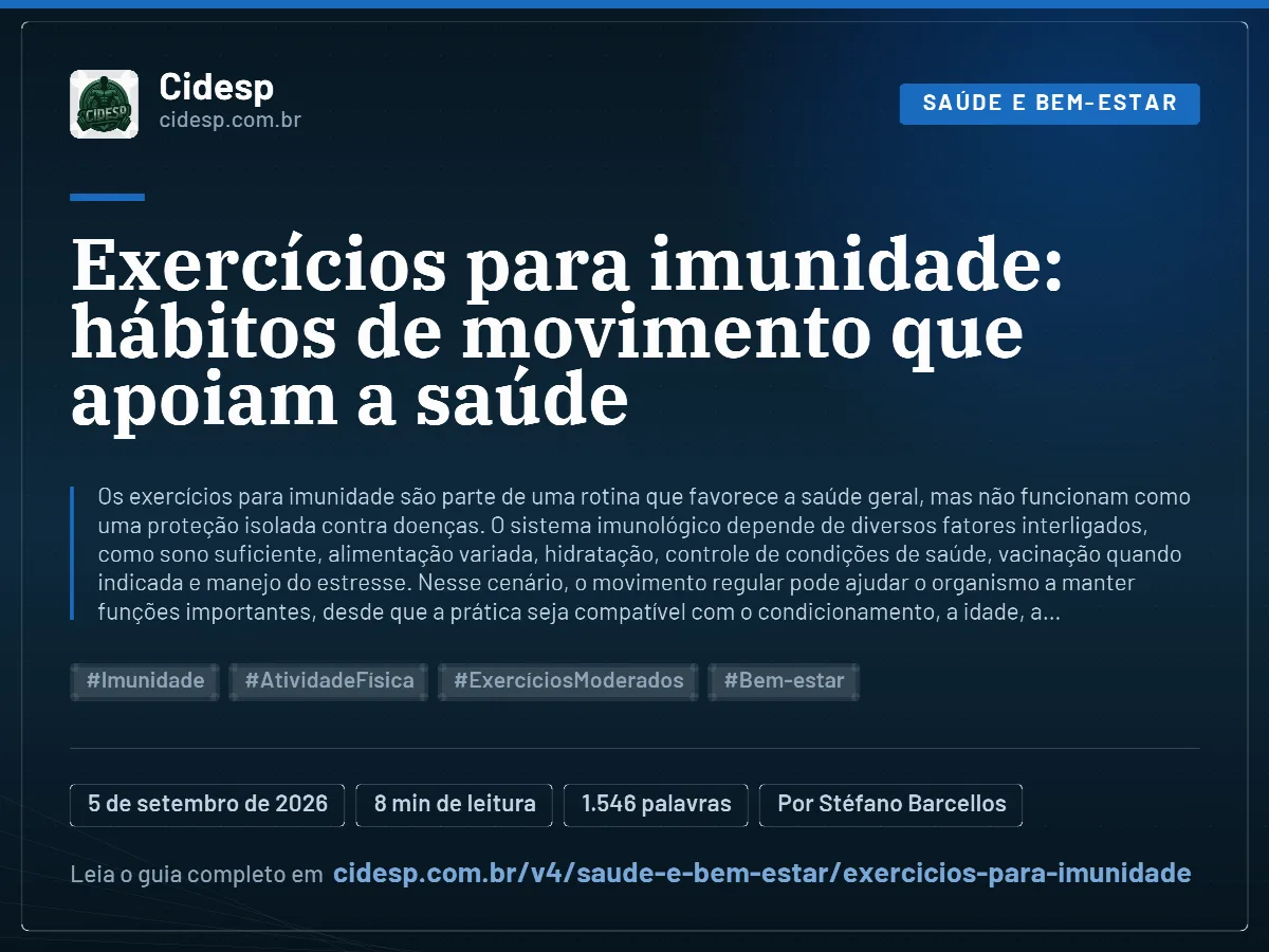 Cartão do artigo “Exercícios para imunidade: hábitos de movimento que apoiam a saúde”, com resumo, data de publicação e endereço da página.