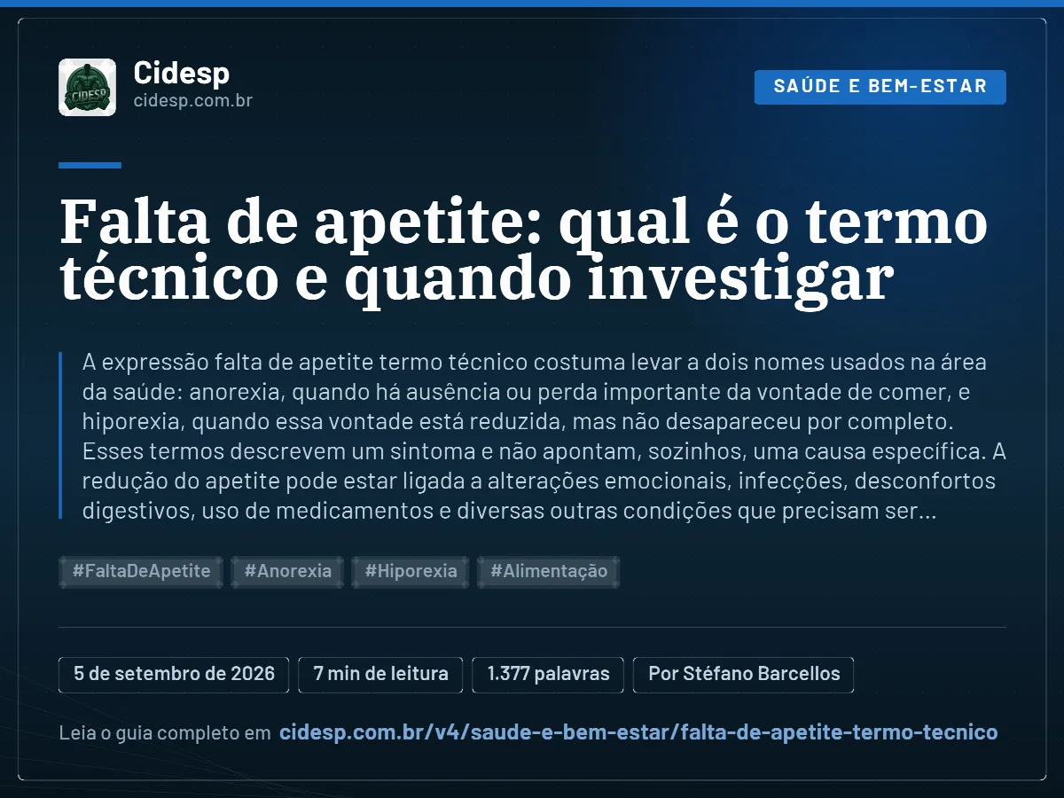 Cartão do artigo “Falta de apetite: qual é o termo técnico e quando investigar”, com resumo, data de publicação e endereço da página.