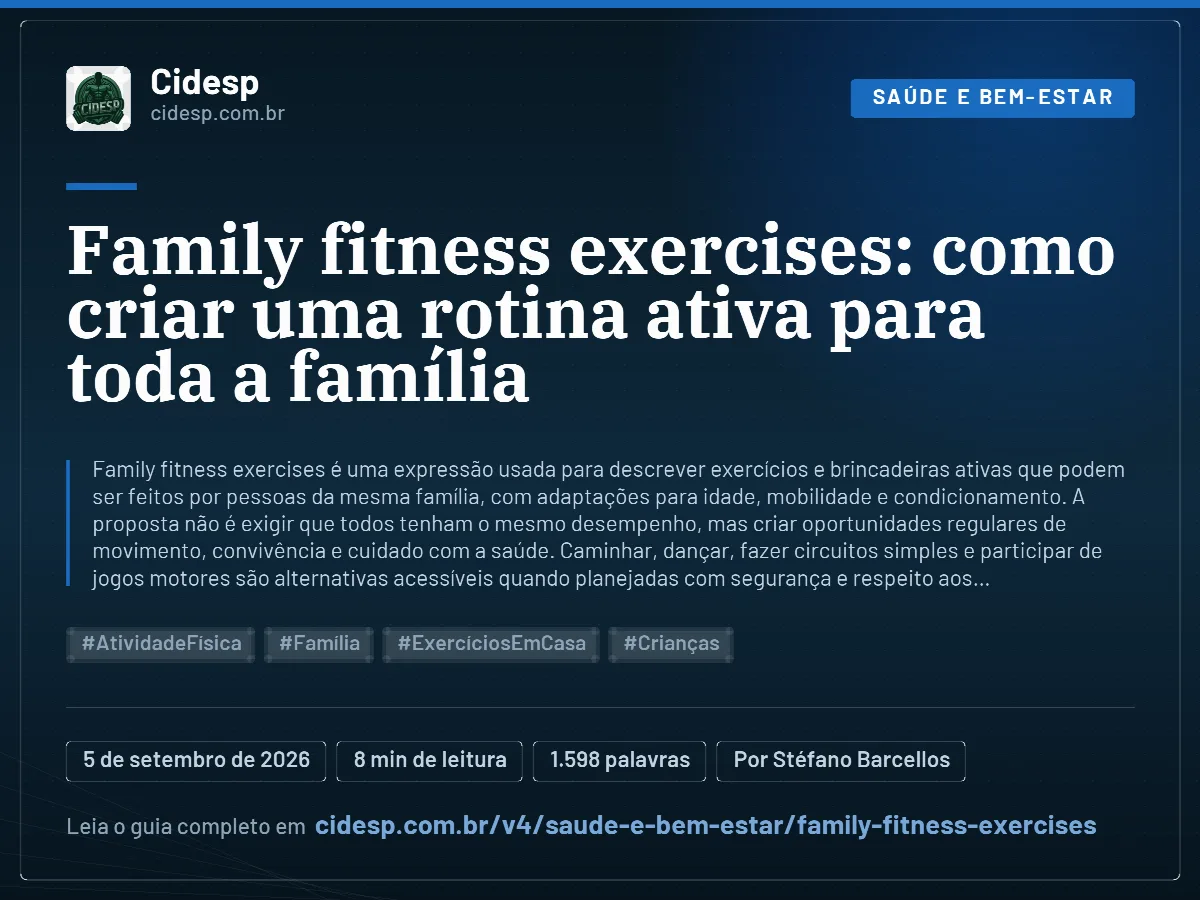 Cartão do artigo “Family fitness exercises: como criar uma rotina ativa para toda a família”, com resumo, data de publicação e endereço da página.
