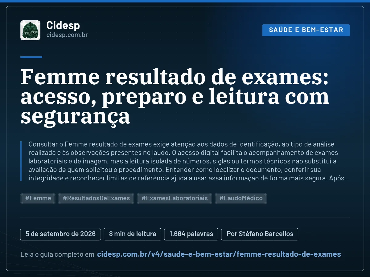 Cartão do artigo “Femme resultado de exames: acesso, preparo e leitura com segurança”, com resumo, data de publicação e endereço da página.