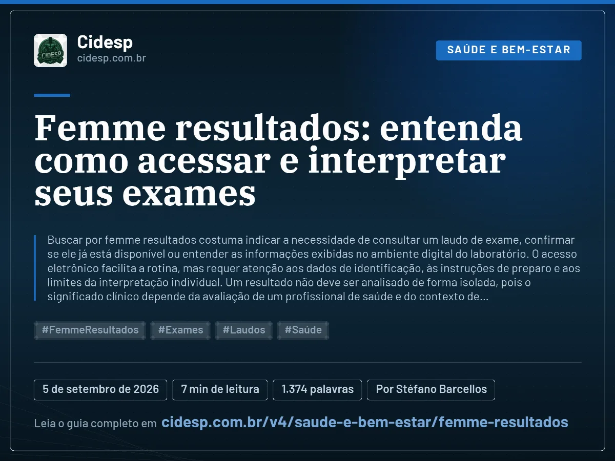 Cartão do artigo “Femme resultados: entenda como acessar e interpretar seus exames”, com resumo, data de publicação e endereço da página.