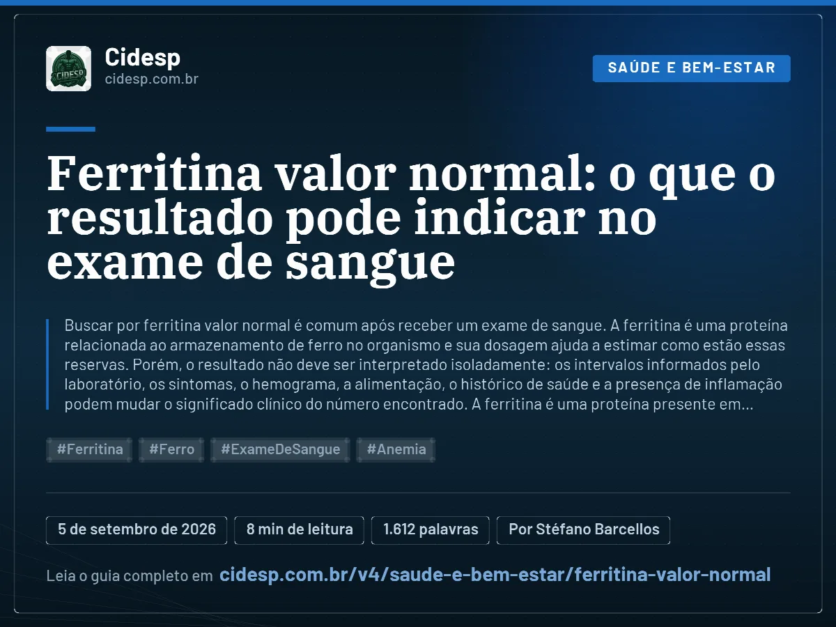 Cartão do artigo “Ferritina valor normal: o que o resultado pode indicar no exame de sangue”, com resumo, data de publicação e endereço da página.