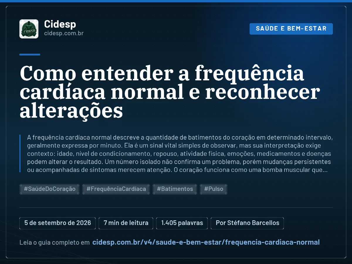 Cartão do artigo “Como entender a frequência cardíaca normal e reconhecer alterações”, com resumo, data de publicação e endereço da página.