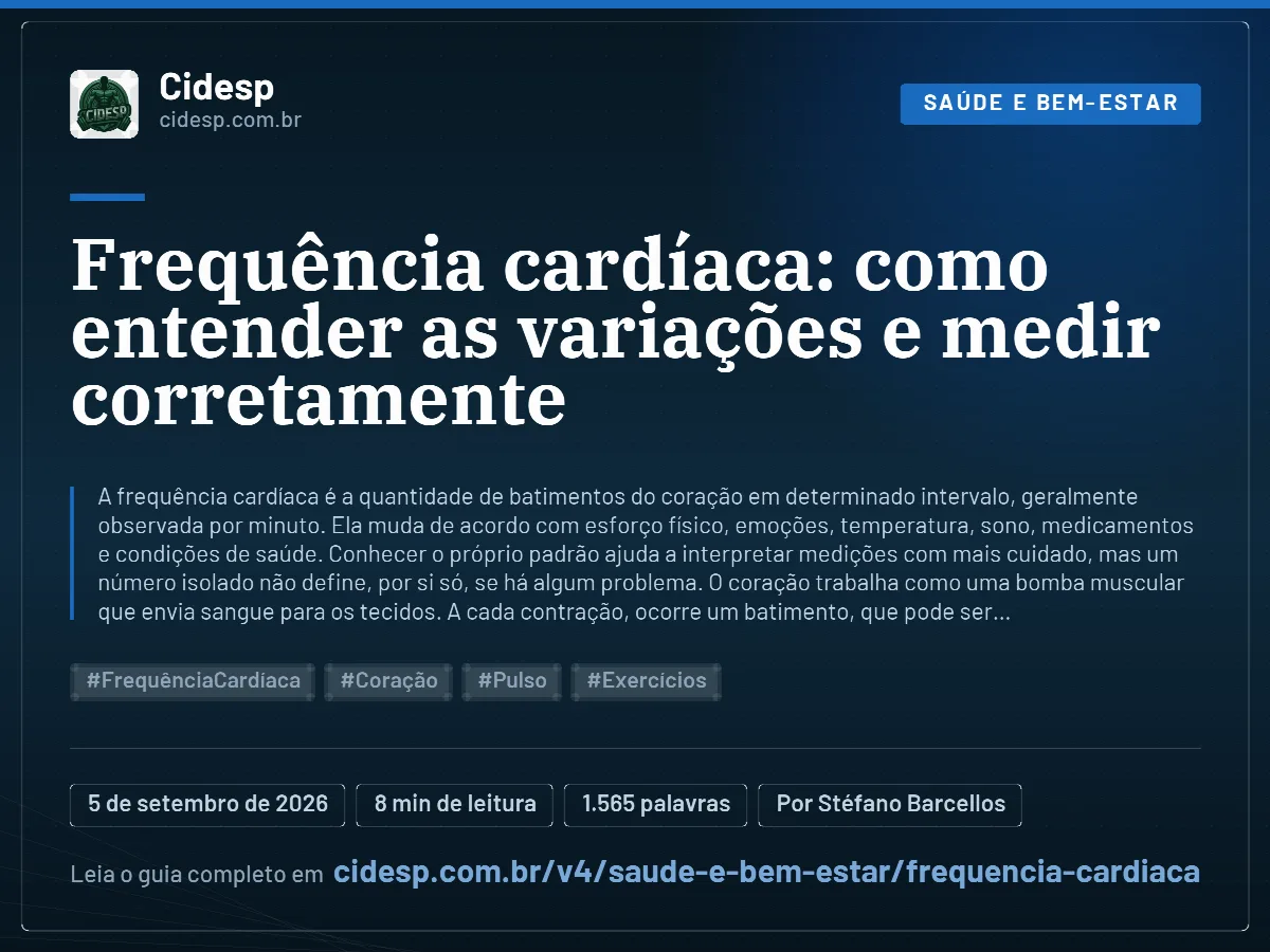 Cartão do artigo “Frequência cardíaca: como entender as variações e medir corretamente”, com resumo, data de publicação e endereço da página.