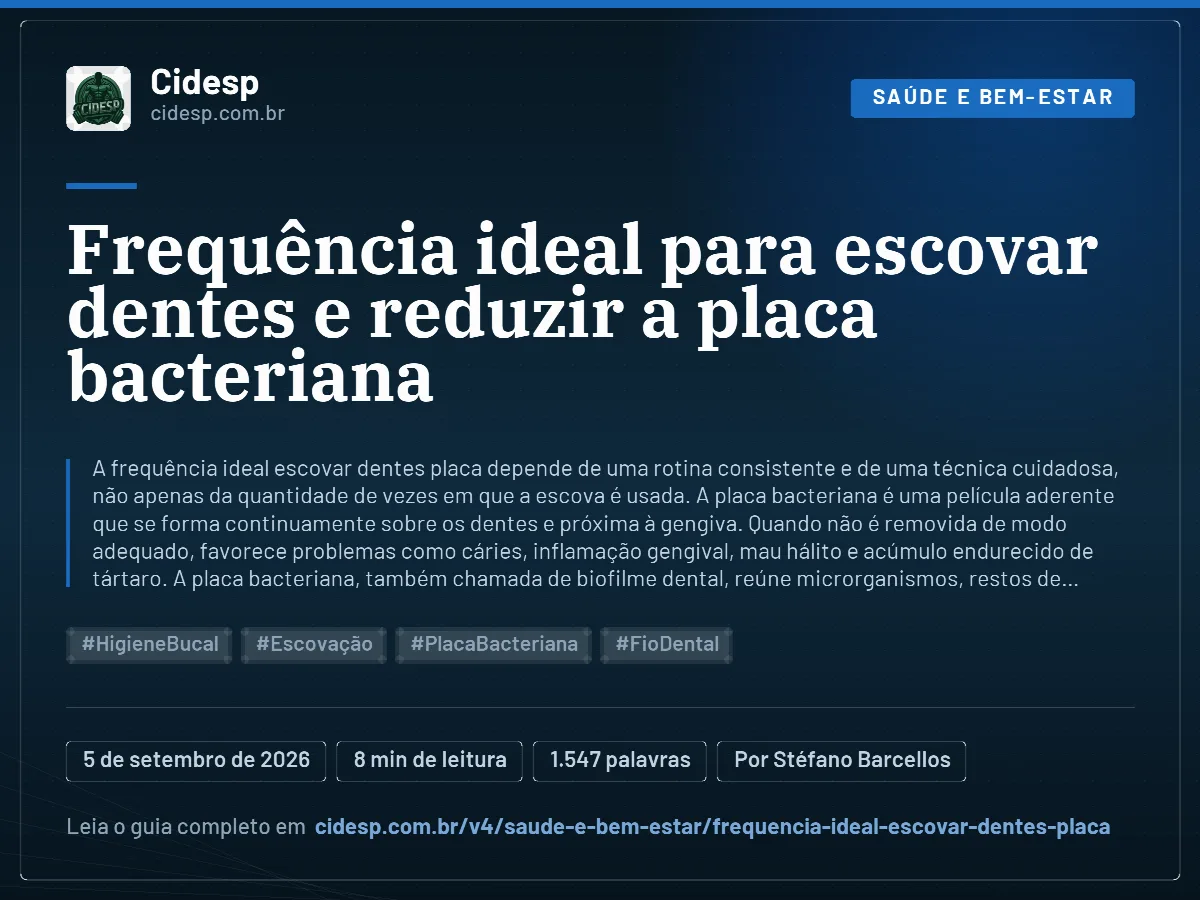 Cartão do artigo “Frequência ideal para escovar dentes e reduzir a placa bacteriana”, com resumo, data de publicação e endereço da página.