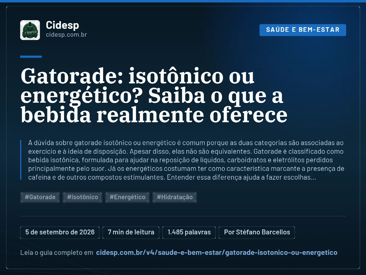 Cartão do artigo “Gatorade: isotônico ou energético? Saiba o que a bebida realmente oferece”, com resumo, data de publicação e endereço da página.