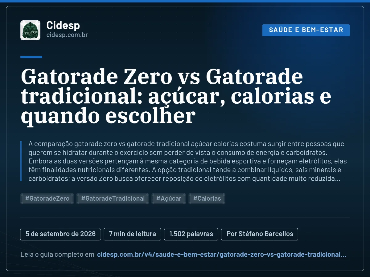 Cartão do artigo “Gatorade Zero vs Gatorade tradicional: açúcar, calorias e quando escolher”, com resumo, data de publicação e endereço da página.