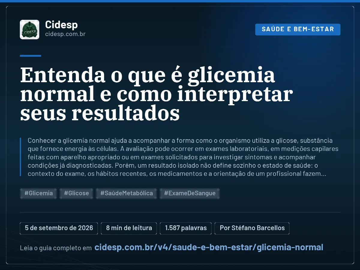 Cartão do artigo “Entenda o que é glicemia normal e como interpretar seus resultados”, com resumo, data de publicação e endereço da página.